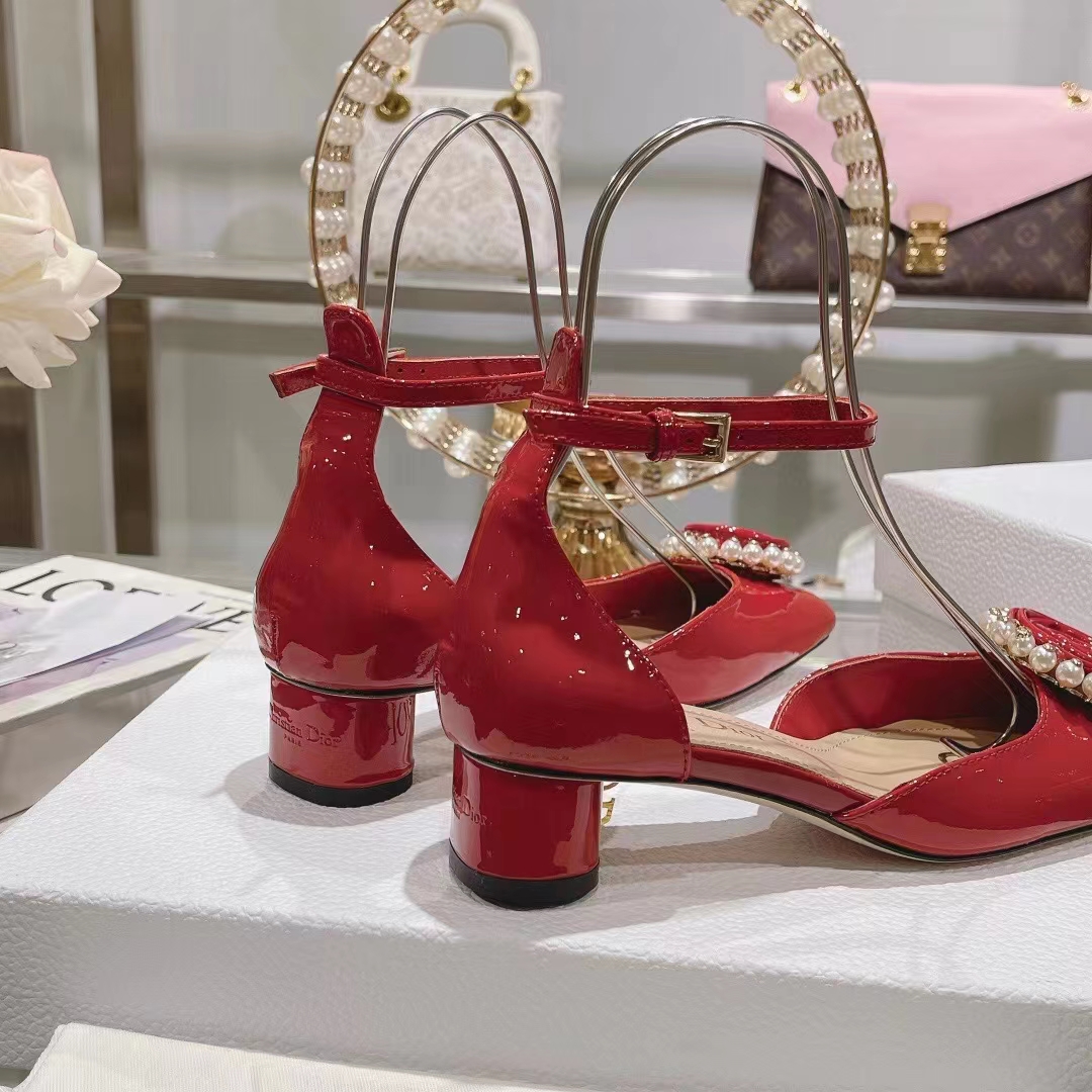 Dior Women CD Dior Rose Pump Amaryllis Red Patent Calfskin White Resin Pearls