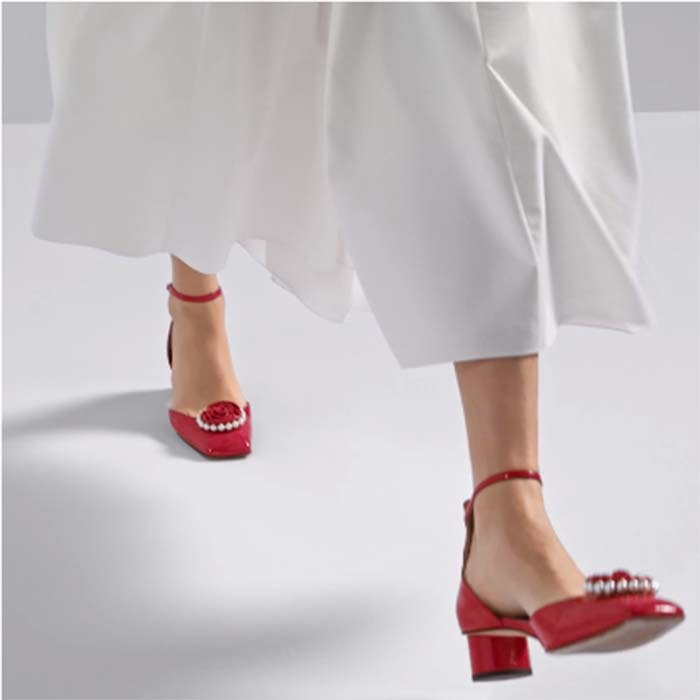 Dior Women CD Dior Rose Pump Amaryllis Red Patent Calfskin White Resin Pearls