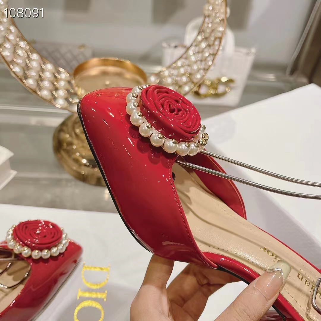Dior Women CD Dior Rose Pump Amaryllis Red Patent Calfskin White Resin Pearls