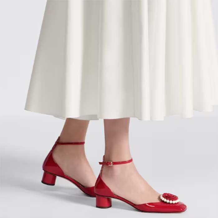 Dior Women CD Dior Rose Pump Amaryllis Red Patent Calfskin White Resin Pearls