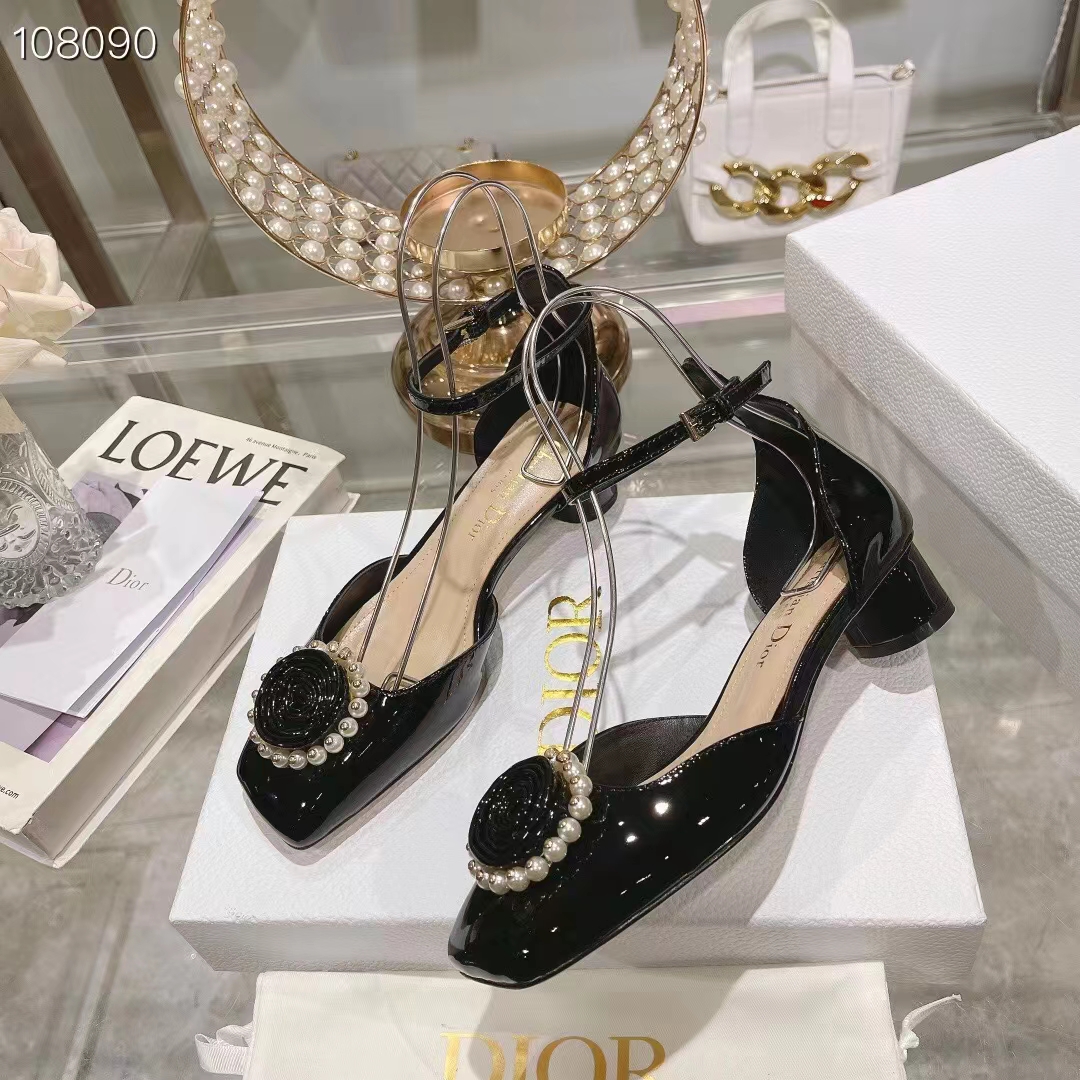 Dior Women CD Dior Rose Pump Black Patent Calfskin White Resin Pearls
