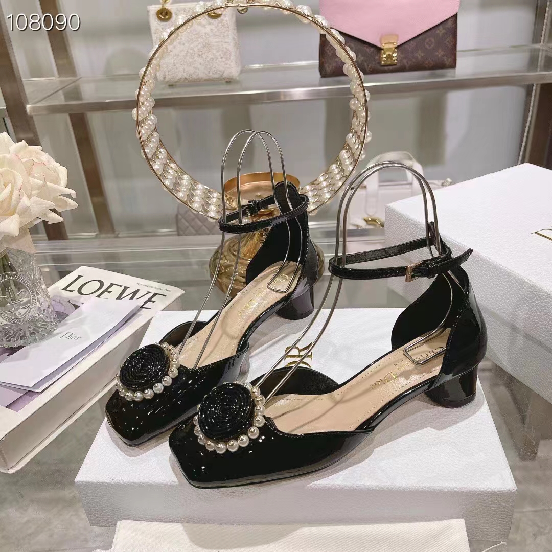 Dior Women CD Dior Rose Pump Black Patent Calfskin White Resin Pearls