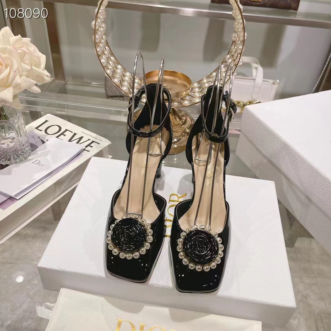 Dior Women CD Dior Rose Pump Black Patent Calfskin White Resin Pearls