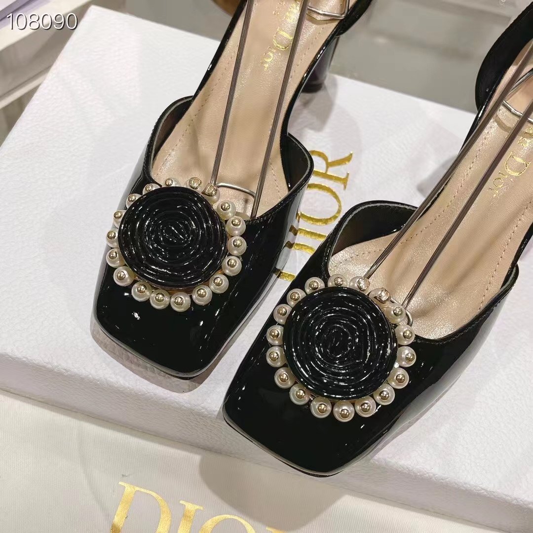 Dior Women CD Dior Rose Pump Black Patent Calfskin White Resin Pearls
