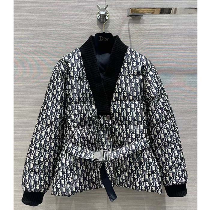 Dior Men CD DiorAlps Reversible Belted Jacket Blue Quilted Technical Taffeta Jacquard Dior Oblique Motif