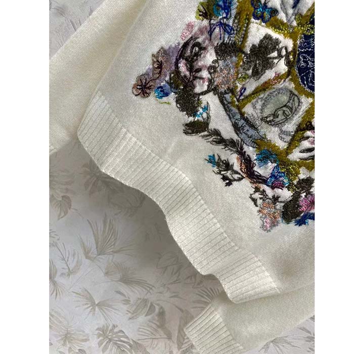 Dior Women CD Embroidered Sweater White Cashmere Knit Multicolor Tarot La Roue De La Fortune