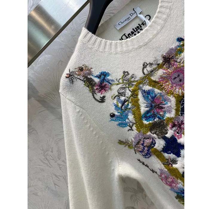 Dior Women CD Embroidered Sweater White Cashmere Knit Multicolor Tarot La Roue De La Fortune