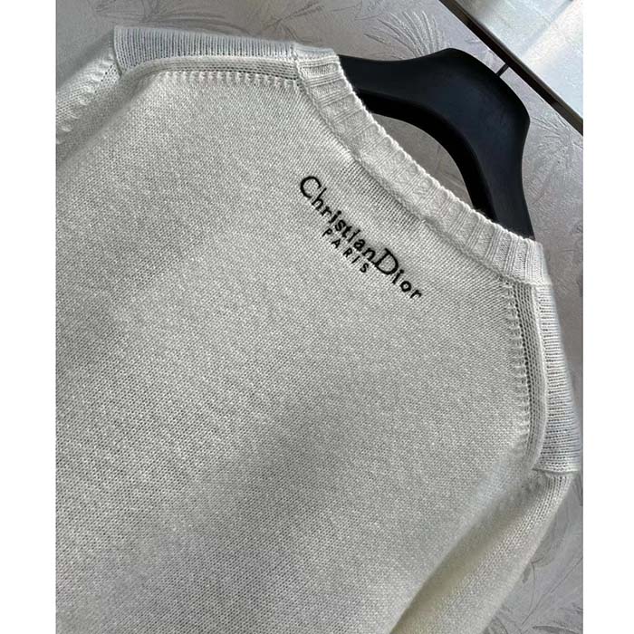 Dior Women CD Embroidered Sweater White Cashmere Knit Multicolor Tarot La Roue De La Fortune
