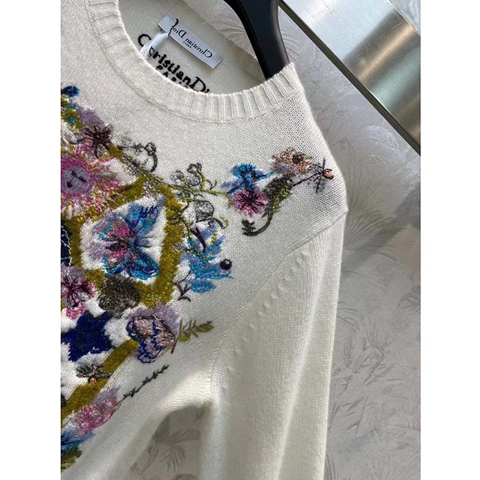Dior Men CD Embroidered Sweater White Cashmere Knit Multicolor Tarot La Roue De La Fortune