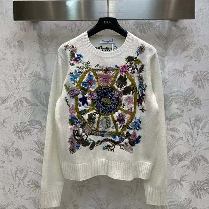 Dior Women CD Embroidered Sweater White Cashmere Knit Multicolor Tarot La Roue De La Fortune
