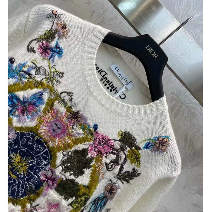 Dior Women CD Embroidered Sweater White Cashmere Knit Multicolor Tarot La Roue De La Fortune