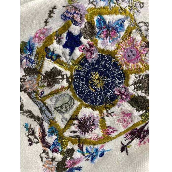 Dior Women CD Embroidered Sweater White Cashmere Knit Multicolor Tarot La Roue De La Fortune
