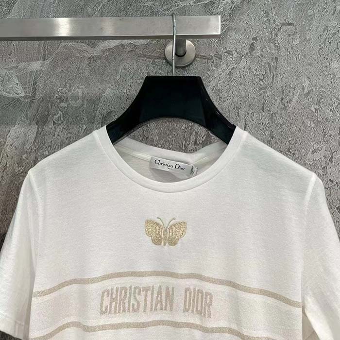Dior Women CD Embroidered T-Shirt White Cotton Jersey Gold-Tone Signature