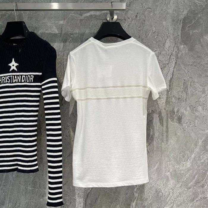 Dior Women CD Embroidered T-Shirt White Cotton Jersey Gold-Tone Signature