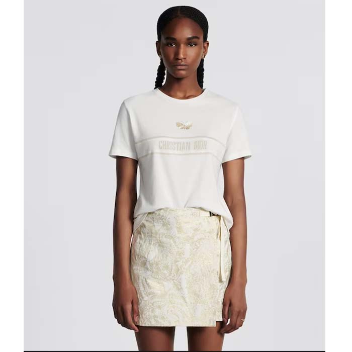 Dior Women CD Embroidered T-Shirt White Cotton Jersey Gold-Tone Signature