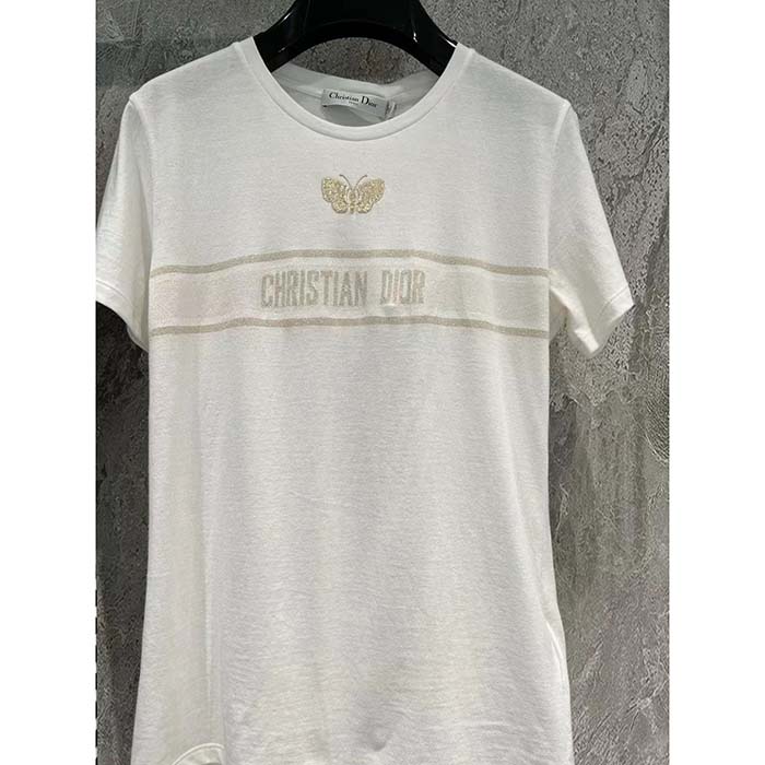 Dior Women CD Embroidered T-Shirt White Cotton Jersey Gold-Tone Signature
