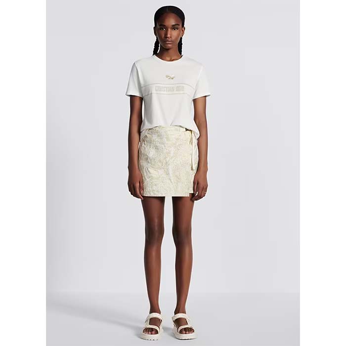 Dior Women CD Embroidered T-Shirt White Cotton Jersey Gold-Tone Signature