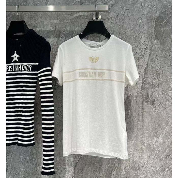 Dior Women CD Embroidered T-Shirt White Cotton Jersey Gold-Tone Signature