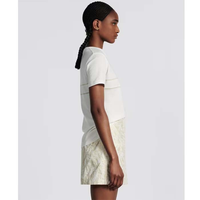 Dior Women CD Embroidered T-Shirt White Cotton Jersey Gold-Tone Signature
