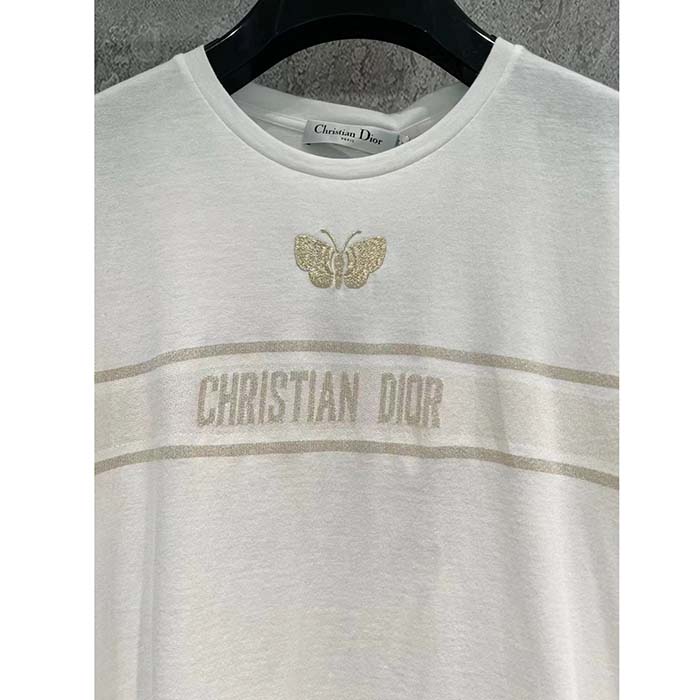 Dior Women CD Embroidered T-Shirt White Cotton Jersey Gold-Tone Signature