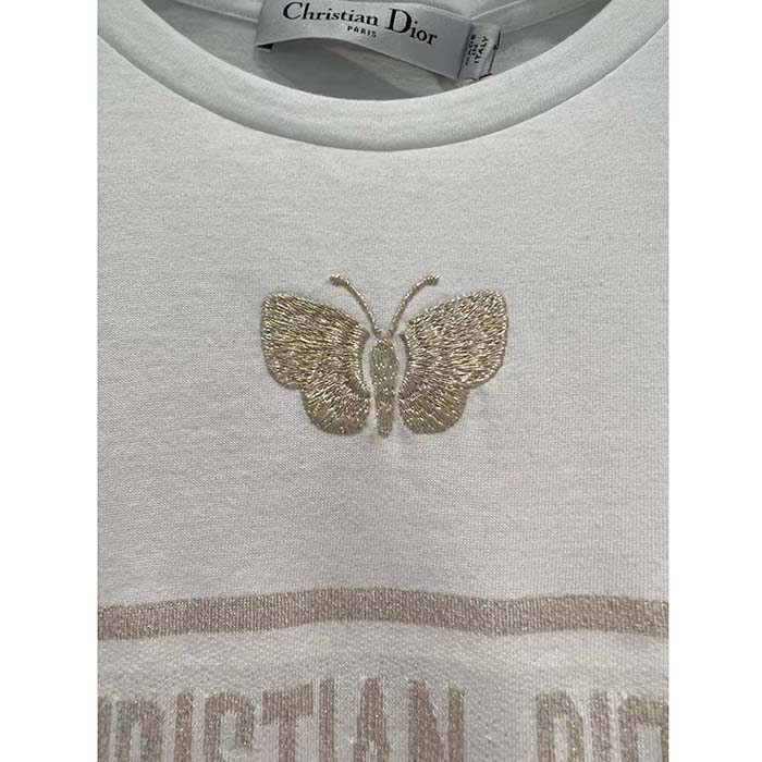 Dior Women CD Embroidered T-Shirt White Cotton Jersey Gold-Tone Signature