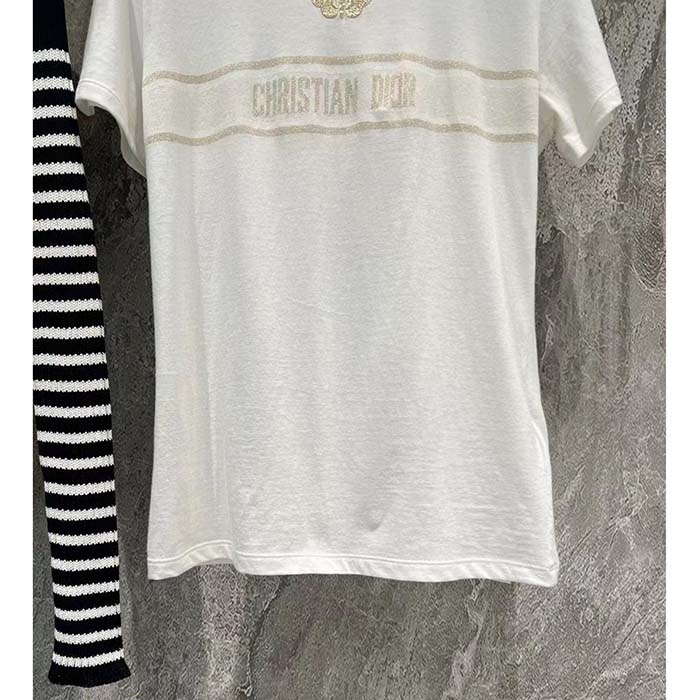 Dior Women CD Embroidered T-Shirt White Cotton Jersey Gold-Tone Signature