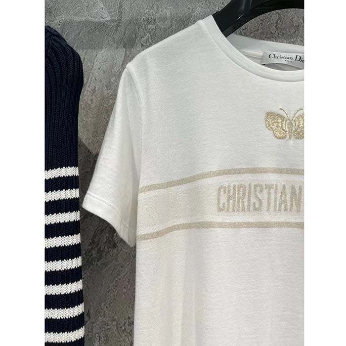 Dior Women CD Embroidered T-Shirt White Cotton Jersey Gold-Tone Signature