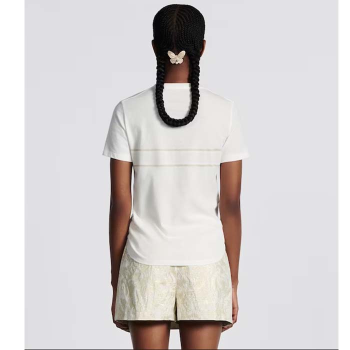Dior Women CD Embroidered T-Shirt White Cotton Jersey Gold-Tone Signature