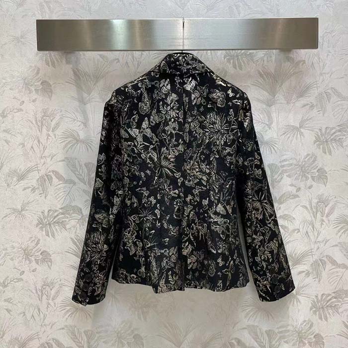 Dior Women CD Fitted Jacket Black Technical Jacquard Gold-Tone Allover Butterfly Motif