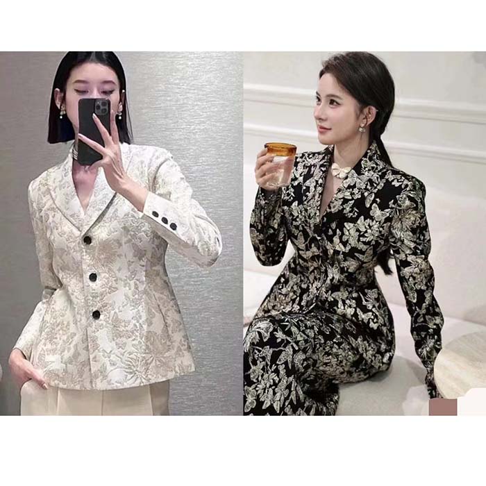 Dior Women CD Fitted Jacket White Technical Jacquard Gold-Tone Allover Butterfly Motif