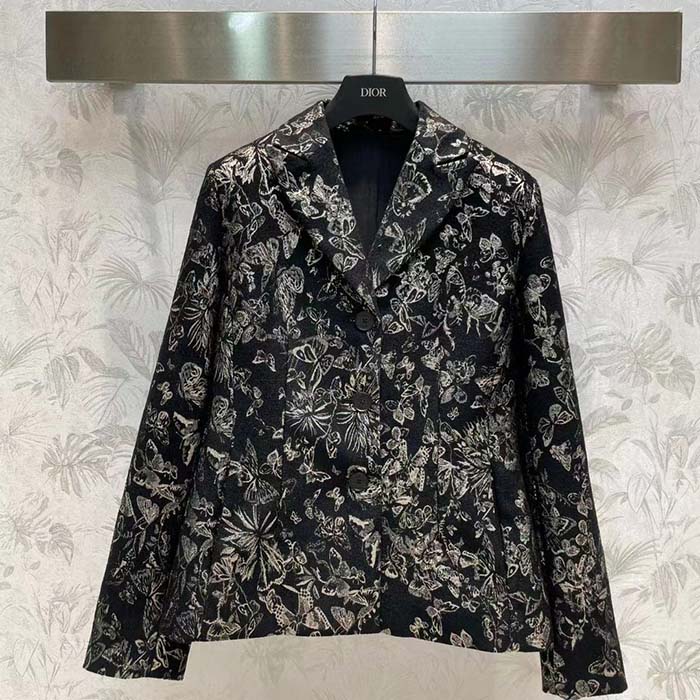 Dior Women CD Fitted Jacket Black Technical Jacquard Gold-Tone Allover Butterfly Motif