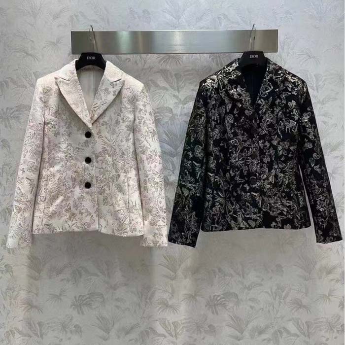 Dior Women CD Fitted Jacket White Technical Jacquard Gold-Tone Allover Butterfly Motif