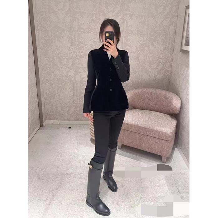 Dior Women CD Fitted Jacket Black Velvet-Effect Wool Silk