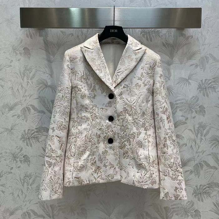 Dior Women CD Fitted Jacket White Technical Jacquard Gold-Tone Allover Butterfly Motif
