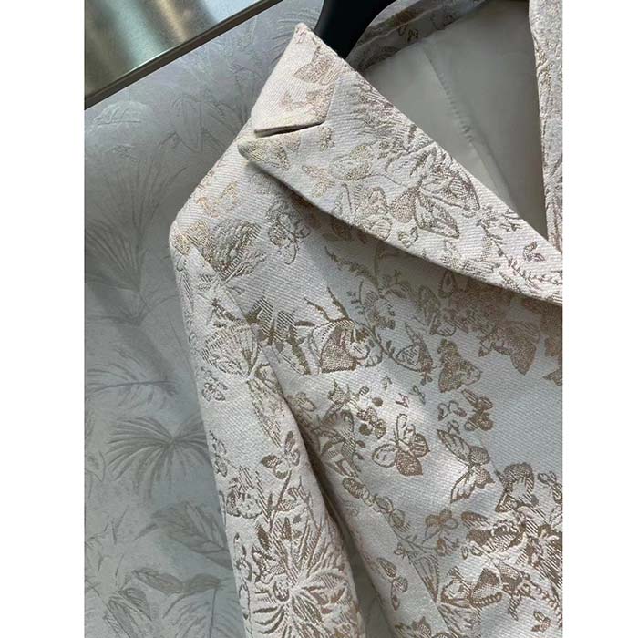 Dior Women CD Fitted Jacket White Technical Jacquard Gold-Tone Allover Butterfly Motif