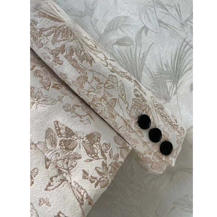 Dior Women CD Fitted Jacket White Technical Jacquard Gold-Tone Allover Butterfly Motif