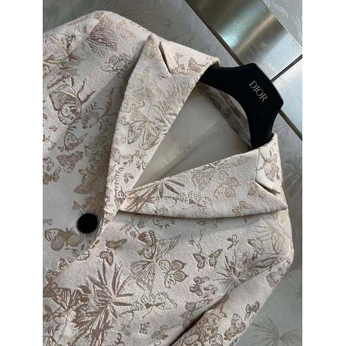 Dior Women CD Fitted Jacket White Technical Jacquard Gold-Tone Allover Butterfly Motif