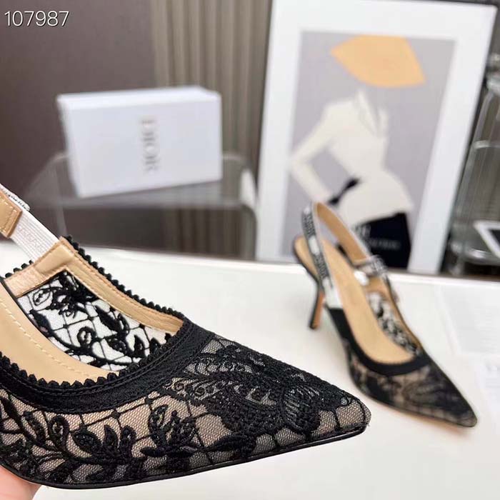 Dior Women CD J’Adior Slingback Pump Transparent Mesh Embroidered Black Butterfly Motif
