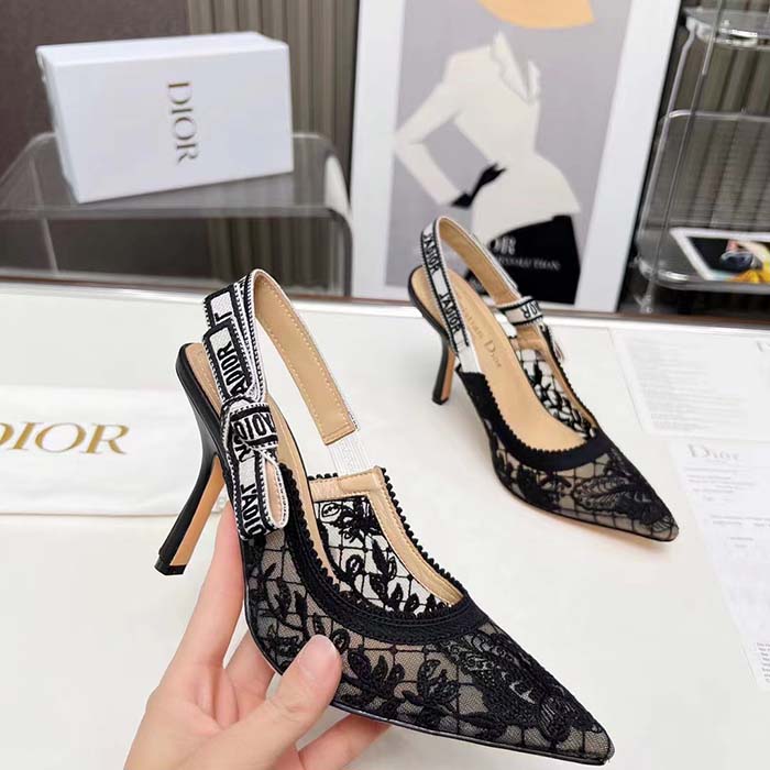 Dior Women CD J’Adior Slingback Pump Transparent Mesh Embroidered Black Butterfly Motif
