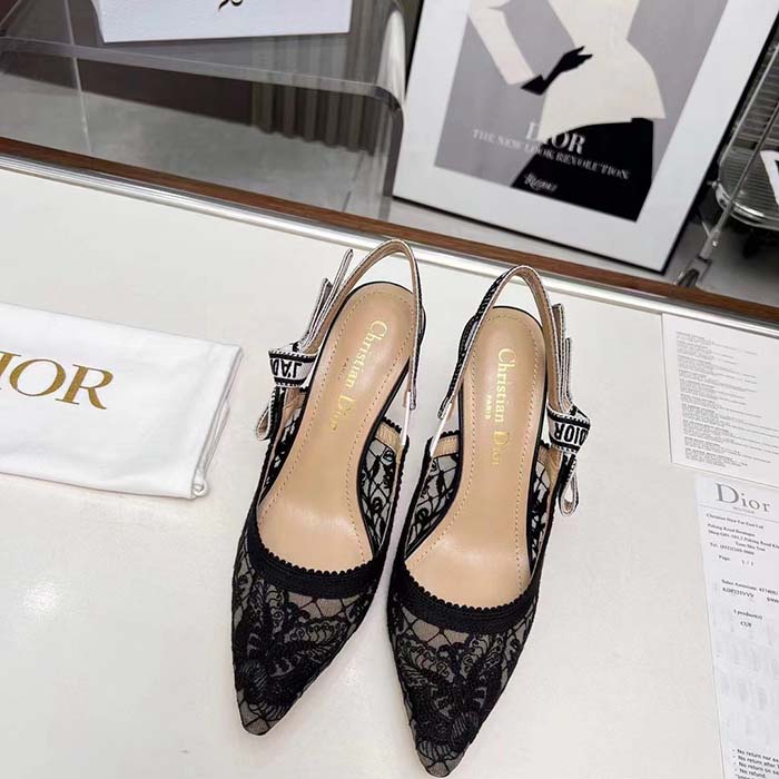 Dior Women CD J’Adior Slingback Pump Transparent Mesh Embroidered Black Butterfly Motif