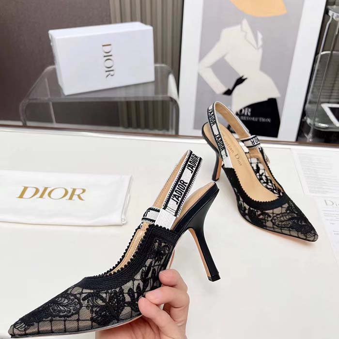 Dior Women CD J’Adior Slingback Pump Transparent Mesh Embroidered Black Butterfly Motif