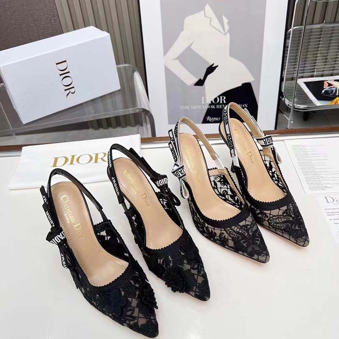 Dior Women CD J’Adior Slingback Pump Transparent Mesh Embroidered Black Butterfly Motif