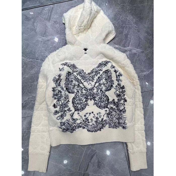 Dior Women CD Macrocannage Zipped Cardigan Technical Wool Cashmere White Knit