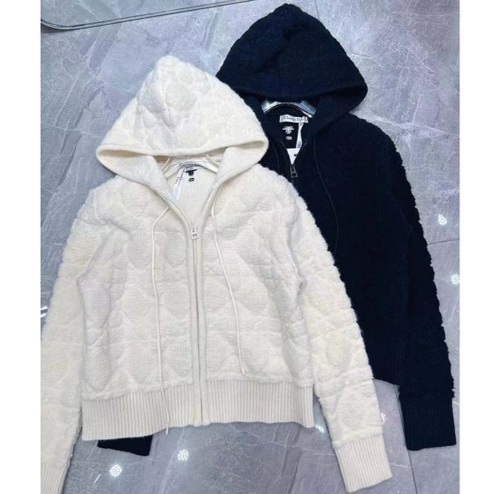Dior Women CD Macrocannage Zipped Cardigan Technical Wool Cashmere White Knit