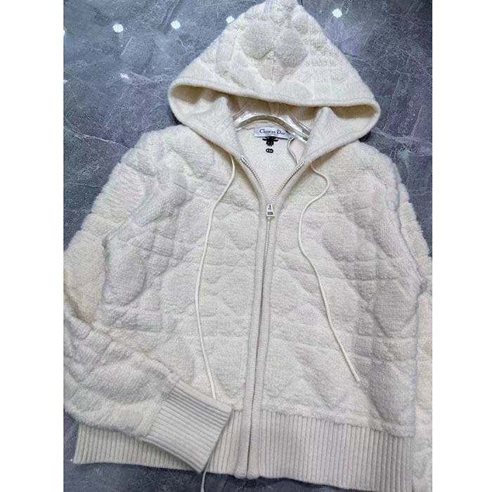 Dior Women CD Macrocannage Zipped Cardigan Technical Wool Cashmere White Knit