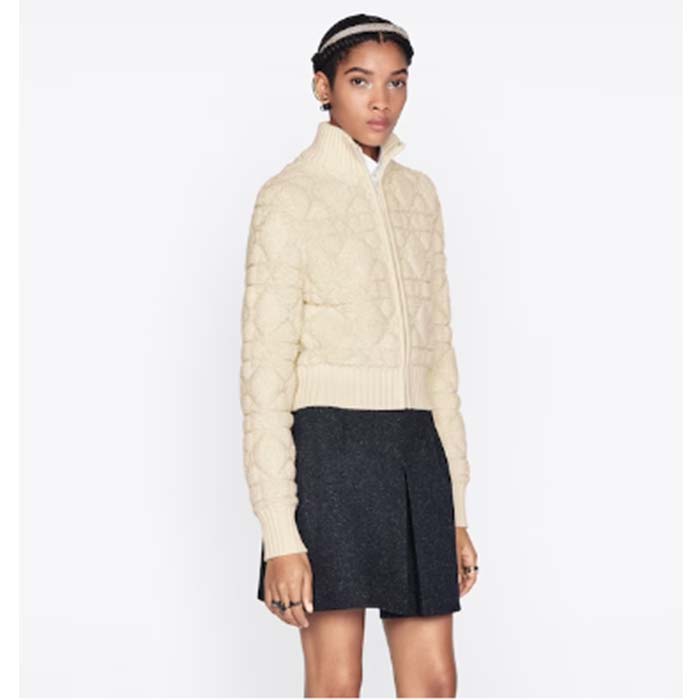 Dior Women CD Macrocannage Zipped Cardigan Technical Wool Cashmere White Knit