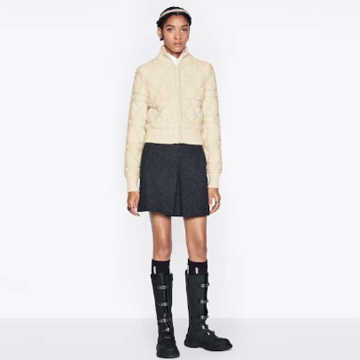 Dior Women CD Macrocannage Zipped Cardigan Technical Wool Cashmere White Knit