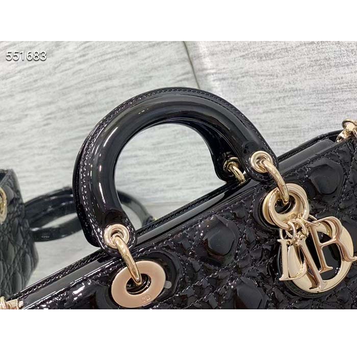 Dior Women CD Medium Lady D-Joy Bag Black Patent Cannage Calfskin