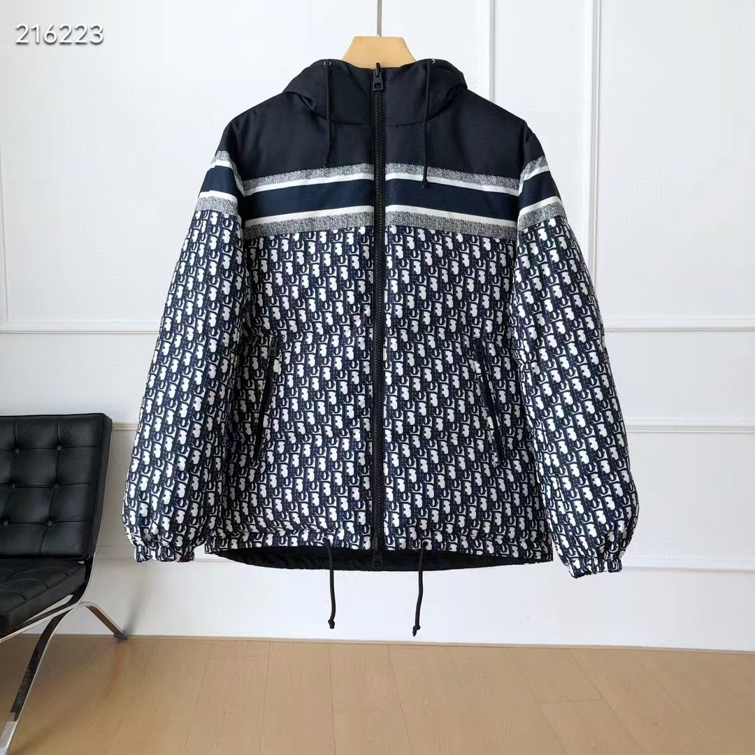 Dior Women CD Reversible Long Puffer Jacket Blue Ecru Dior Oblique Quilted Technical Taffeta