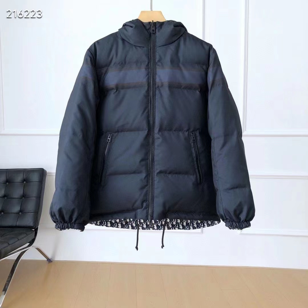 Dior Women CD Reversible Long Puffer Jacket Blue Ecru Dior Oblique Quilted Technical Taffeta
